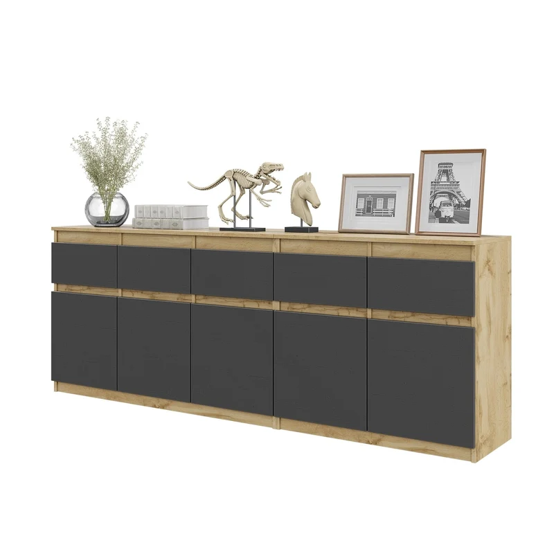NOAH - Cassettiera a 5 cassetti e 5 ante - Credenza per camera da letto - Rovere Wotan / Antracite H75cm L200cm P35cm