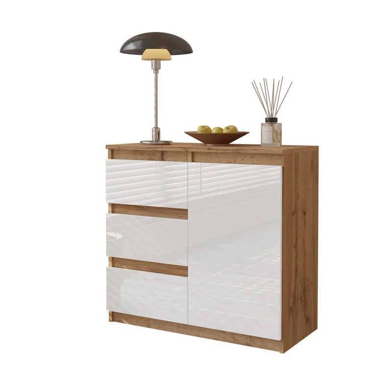 MIKEL - Cassettiera con 3 cassetti e 1 anta - Credenza per camera da letto - Quercia Wotan / Bianco Lucido