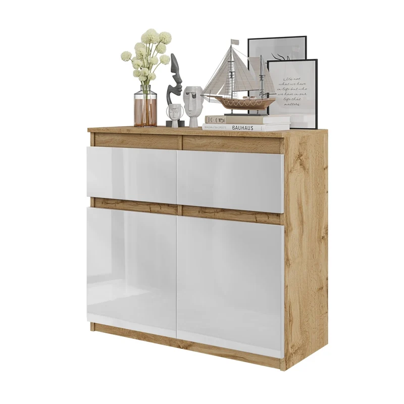 NOAH - Cassettiera con 2 cassetti e 2 ante - Credenza per camera da letto - Quercia Wotan / Bianco Lucido