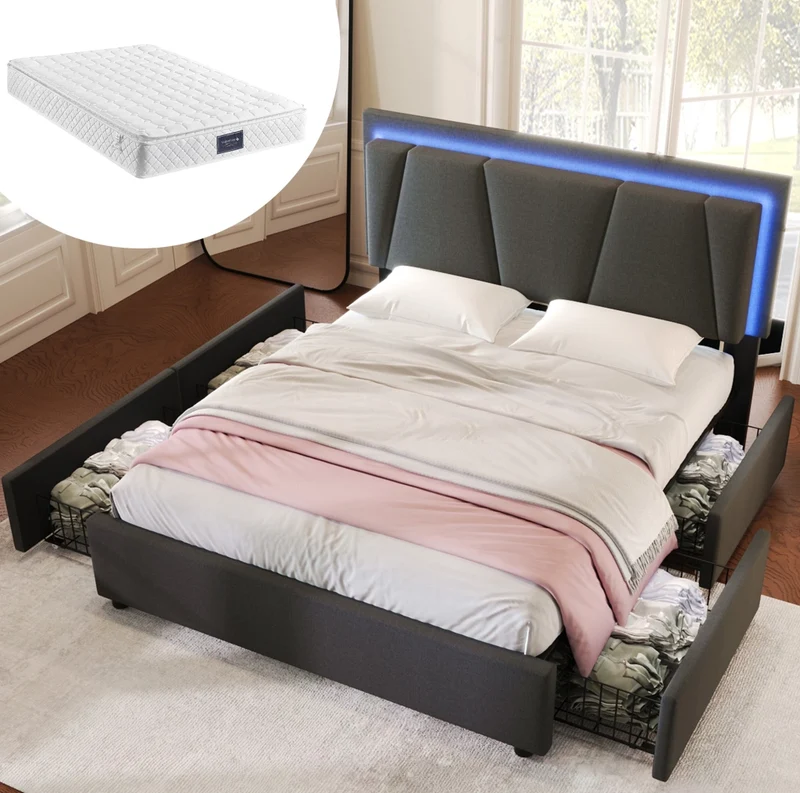 Letto matrimoniale 160x200 cm con contenitore; testiera regolabile; LED e 4 cassetti; grigio