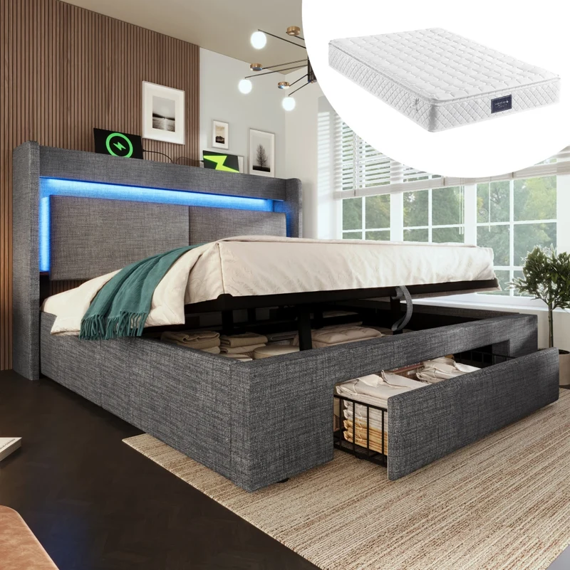 Letto matrimoniale 160x200 cm in lino grigio con contenitore; LED; USB e materasso