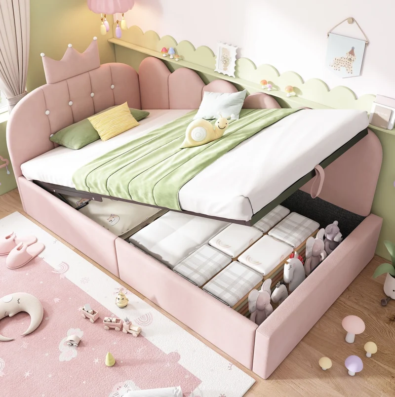 Letto daybed a L con testiera a corona 90x190 cm in velluto rosa con contenitore