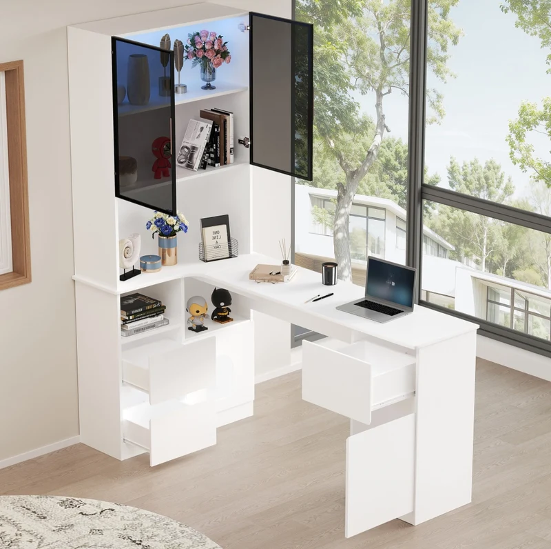 Scrivania angolare 120x80x180 cm con libreria e vetrina LED; bianco in MDF