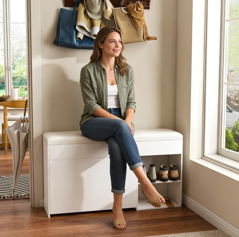Panca portascarpe con contenitore a ribalta; 100 cm; in MDF bianco