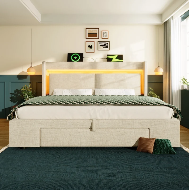 Letto matrimoniale 160x200 cm con contenitore idraulico; LED; USB e USB-C; beige in lino; con materasso