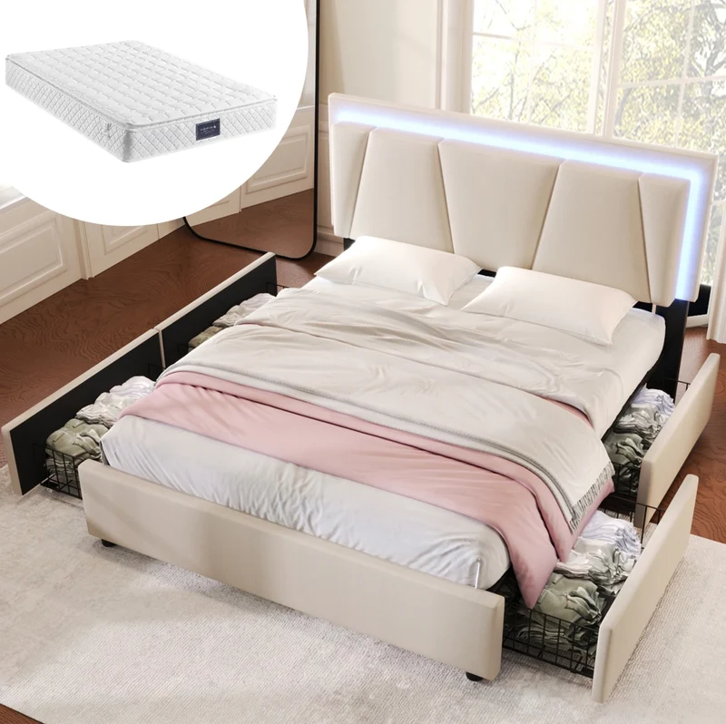 Letto matrimoniale imbottito 160x200 cm con LED; 4 cassetti e testiera regolabile; beige