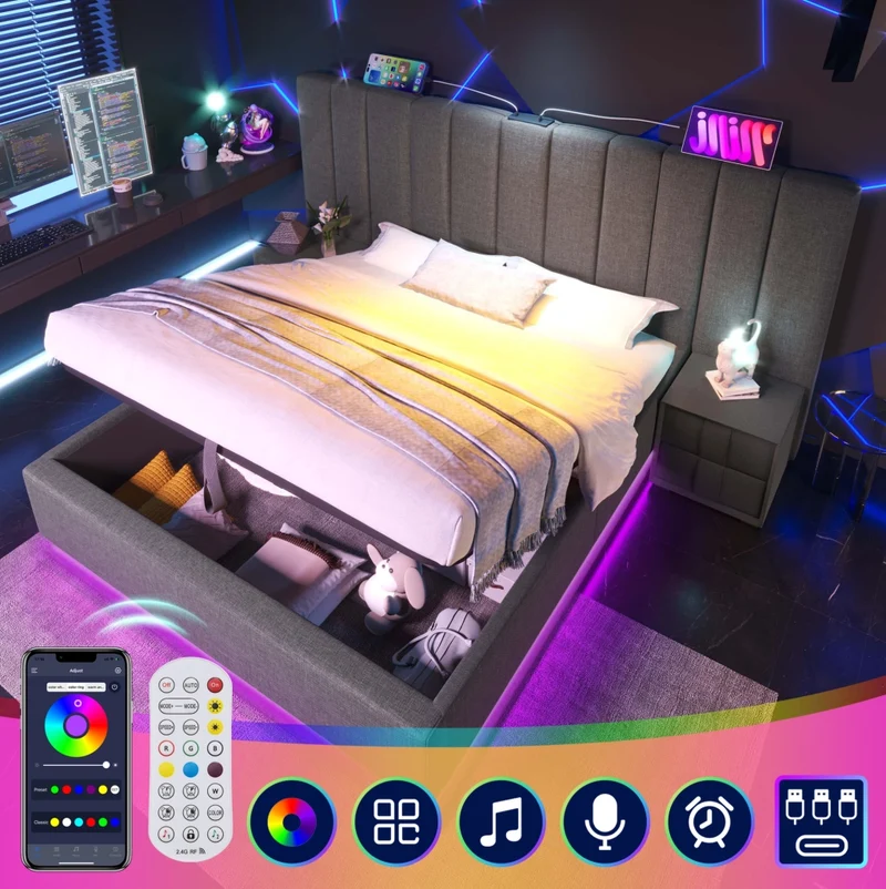 Letto matrimoniale 160x200 cm imbottito in lino grigio con LED 360° e porte USB; con contenitore