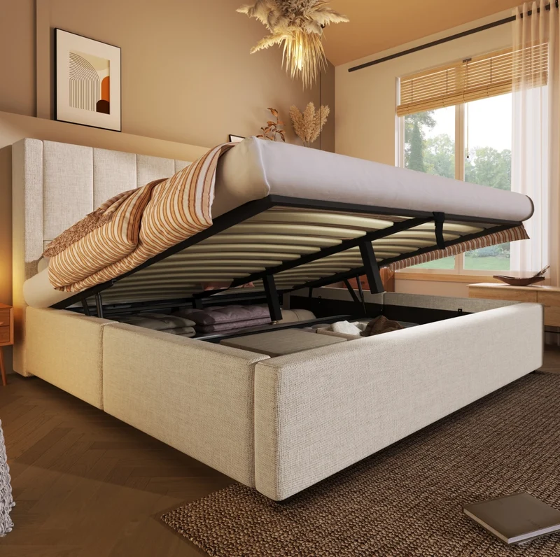 Letto matrimoniale imbottito 160x200 cm con contenitore; porta bicchieri e stazione di ricarica; beige; con materasso