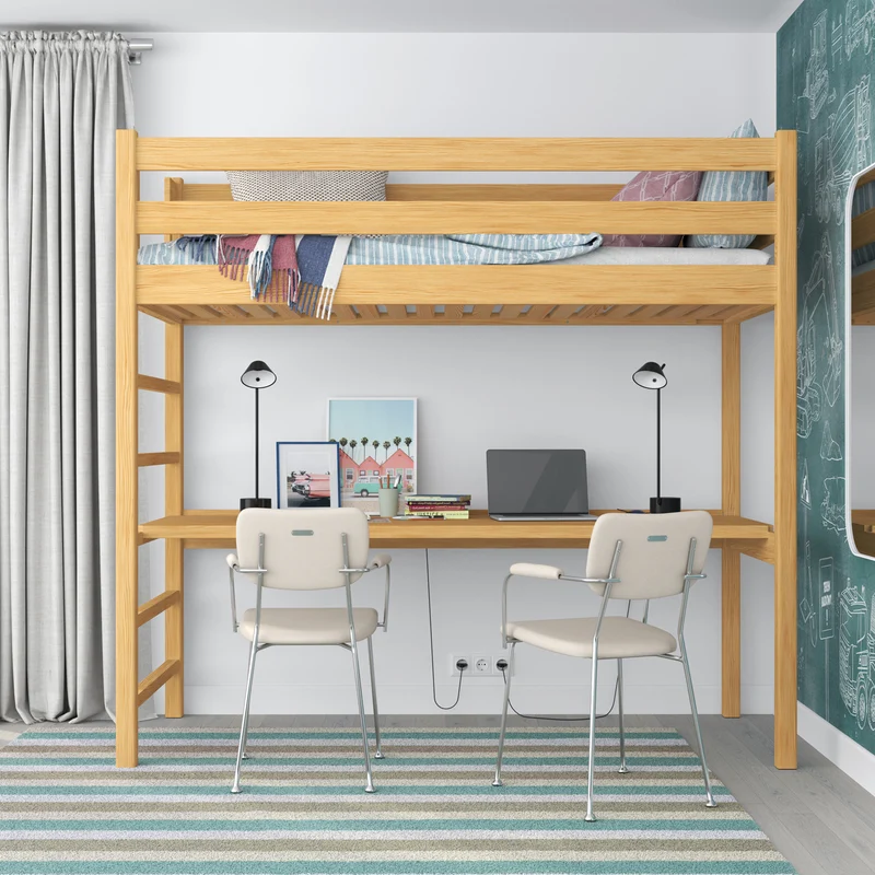 Letto a soppalco in legno con scrivania N01 pino naturale