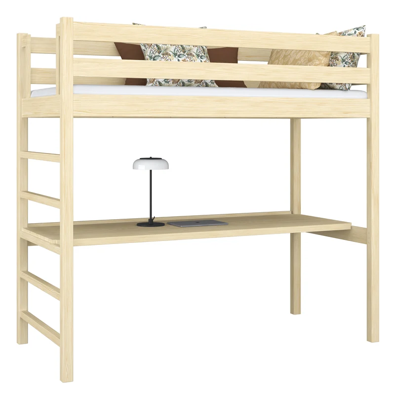Letto a soppalco in legno con scrivania N01 pino trasparente