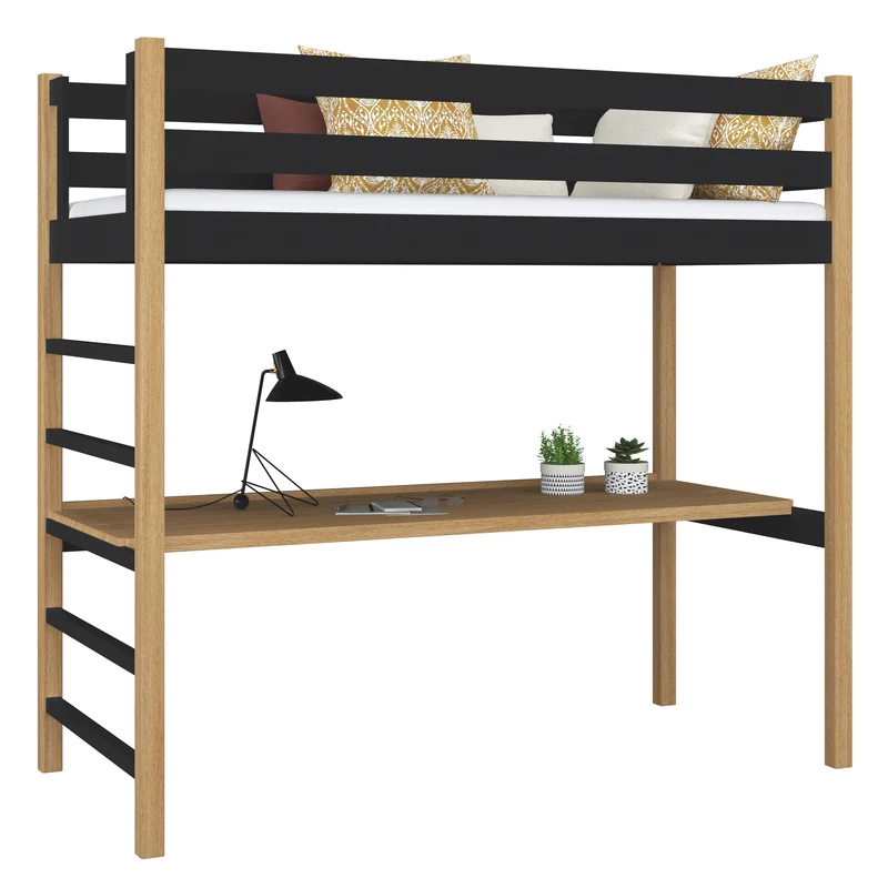 Letto a soppalco in legno con scrivania N01 nero / rovere