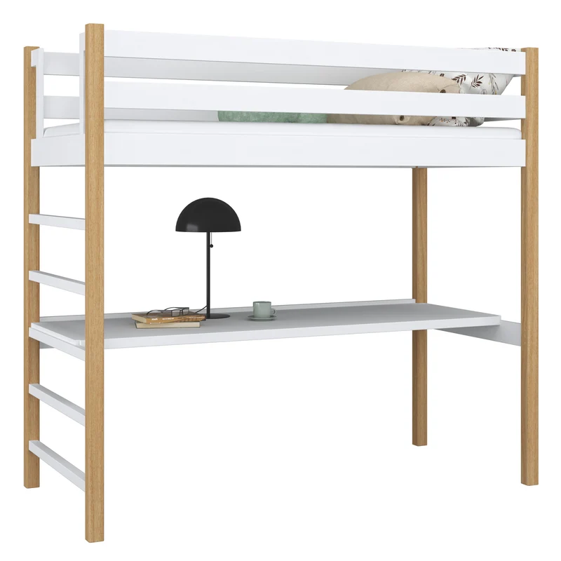 Letto a soppalco in legno con scrivania N01 bianco / rovere