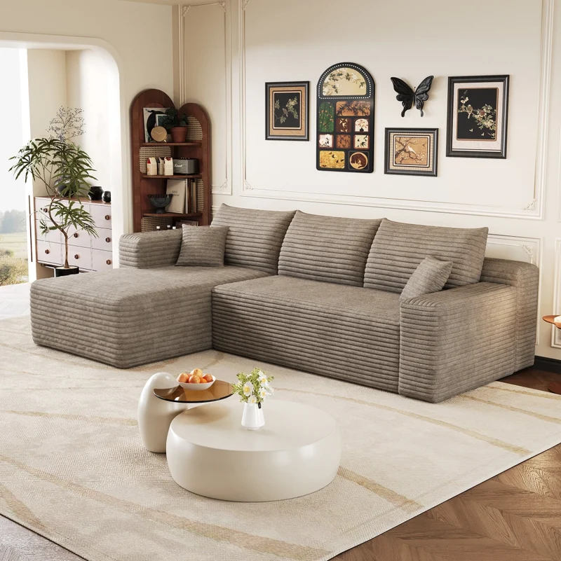 Divano angolare a L 241x151x58 cm in tessuto camel; seduta profonda; senza montaggio