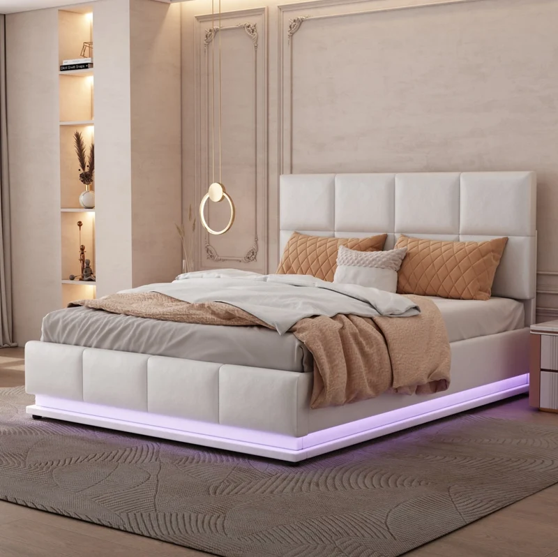 Letto matrimoniale 140x200 cm con LED; contenitore idraulico e rivestimento in similpelle bianco