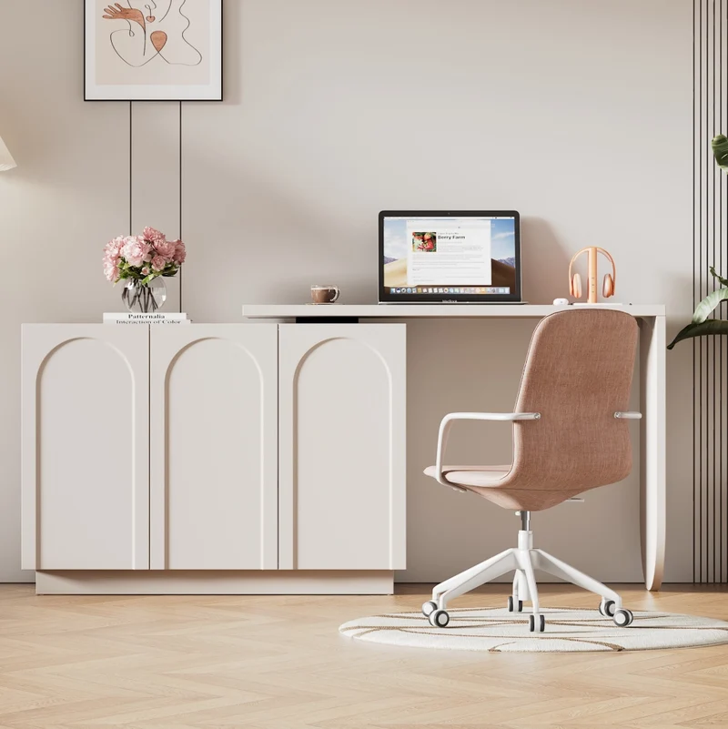 Scrivania angolare girevole 360° con mobiletto; 110x40x75 cm; bianco in MDF
