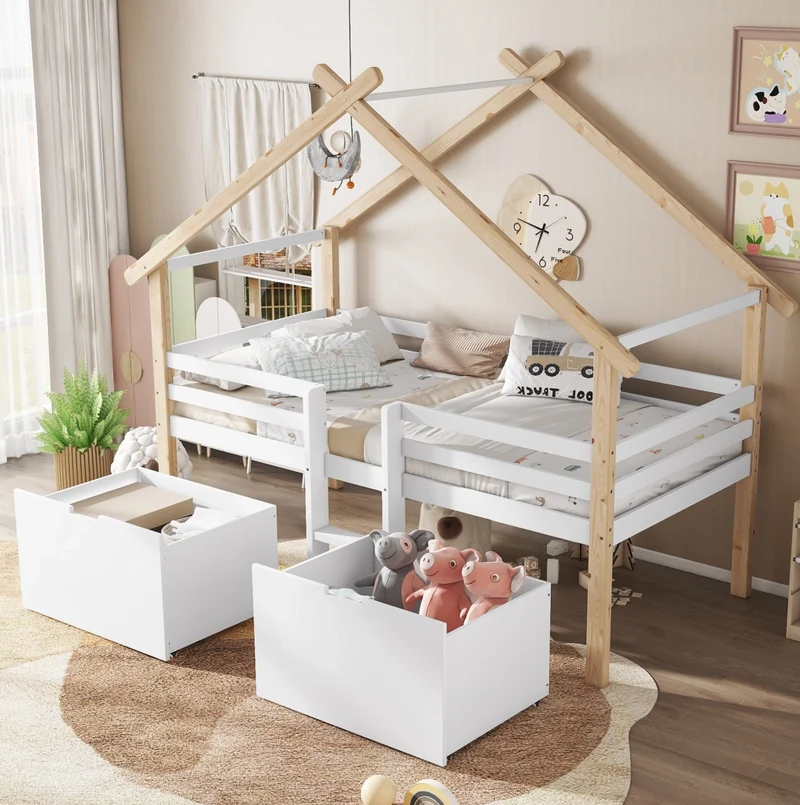 Letto per bambini a casetta semi alto 90x200 cm con scaletta; 2 vani contenitore; legno massello e MDF; bianco e naturale
