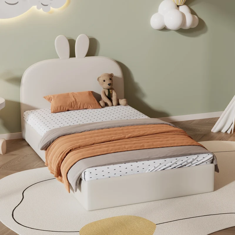Letto singolo per bambini imbottito con testiera a coniglio 90x200 cm in velluto beige