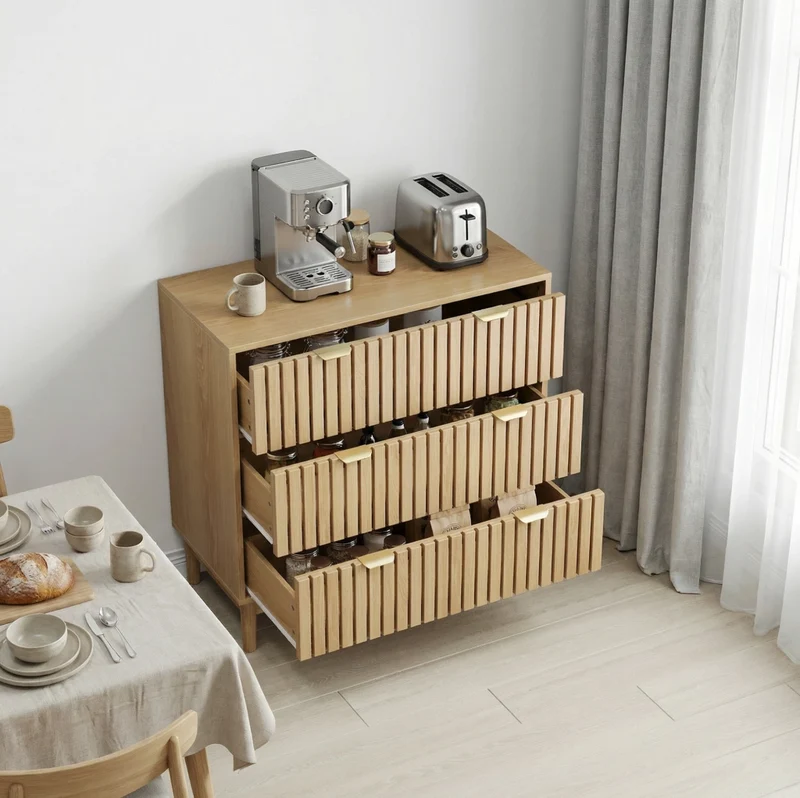 Cassettiera moderna a 3 cassetti in MDF e truciolare; 80 x 39 x 80 cm; colore rovere
