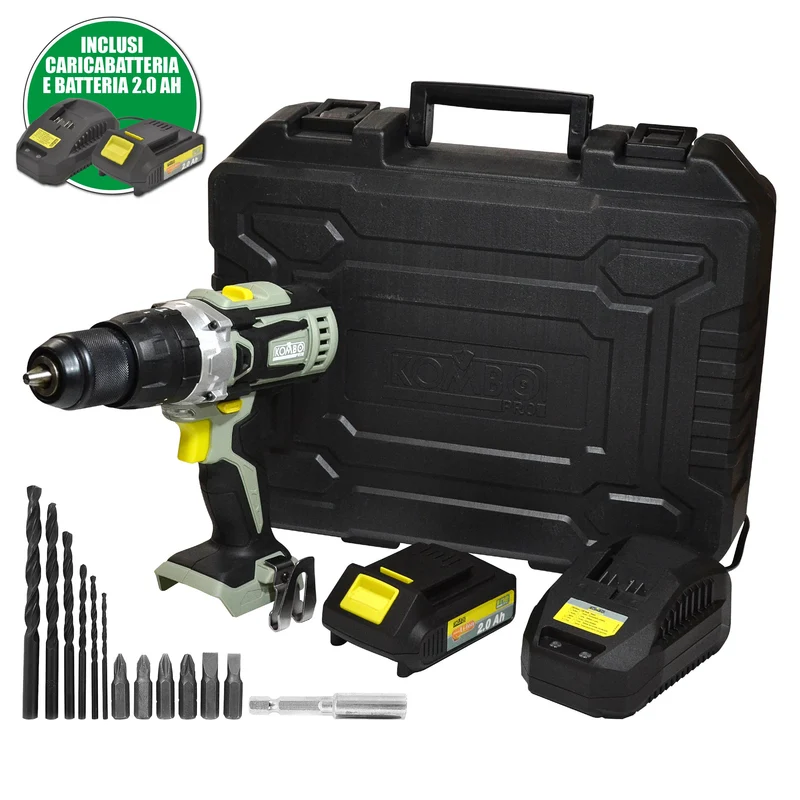 Kit Valigetta: Trapano Avvitatore a Percussione + Batteria 20V 2Ah e Caricatore + 13 Accessori