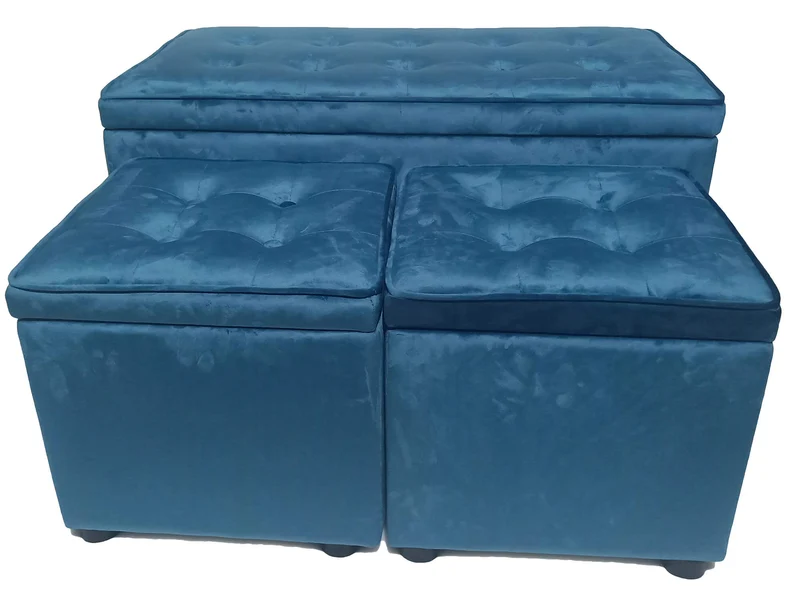 Set Baule e 2 Pouf in Tessuto Vellutato Motti Dalia Kai Tortora