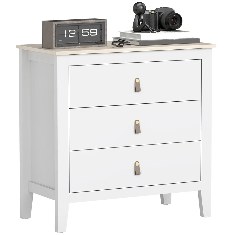 Cassettiera per Camera da Letto a 3 Cassetti 80x40x78,5 cm con Maniglie in Finta Pelle in Legno Bianco