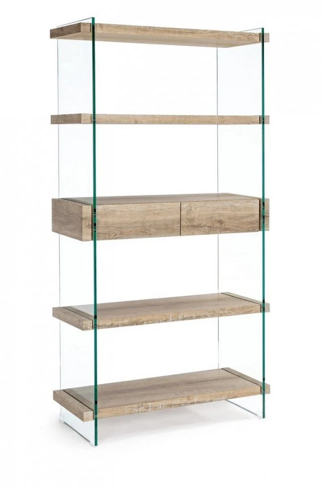 Libreria 4 Ripiani 2 Cassetti Line Kenya in Vetro