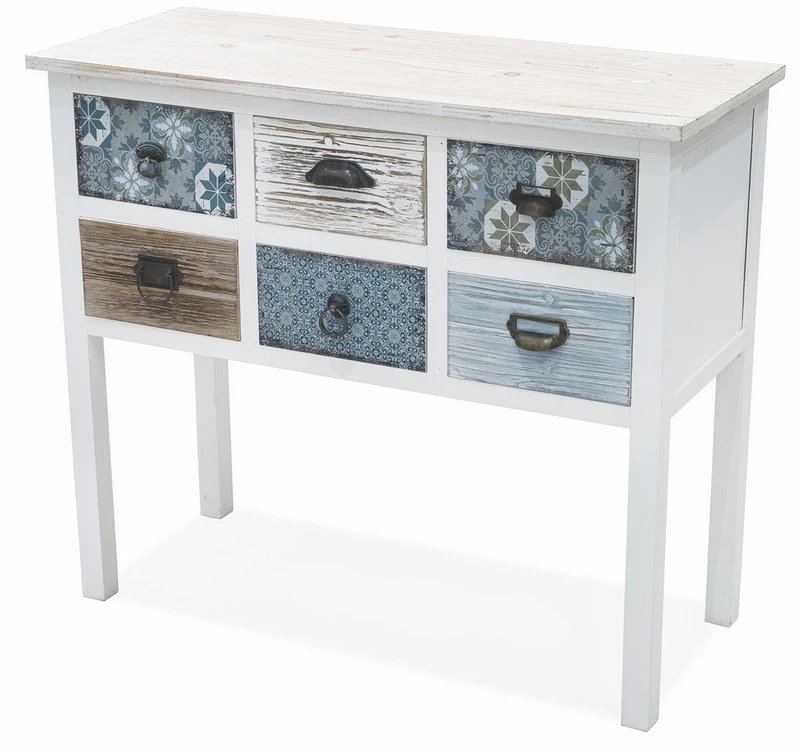 Consolle 6 Cassetti 90x38x78,5 cm in Legno Soriani Bianco Anticato