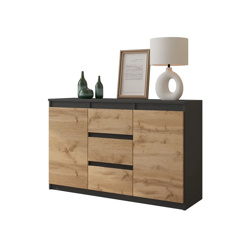 MIKEL - Cassettiera con 3 cassetti e 2 ante - Credenza per camera da letto - Antracite / Quercia Wotan