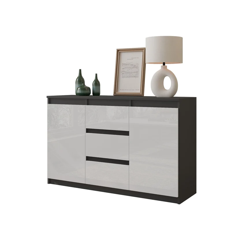 MIKEL - Cassettiera con 3 cassetti e 2 ante - Credenza per camera da letto - Antracite / Bianco Lucido