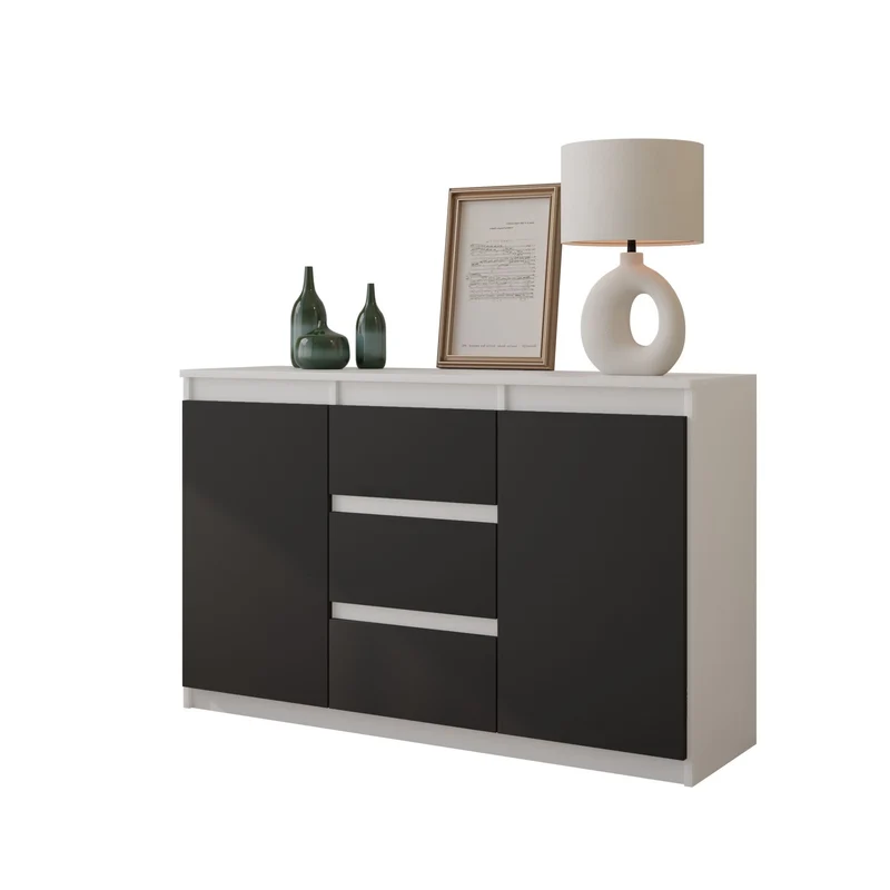 MIKEL - Cassettiera con 3 cassetti e 2 ante - Credenza per camera da letto - Bianco Opaco / Antracite