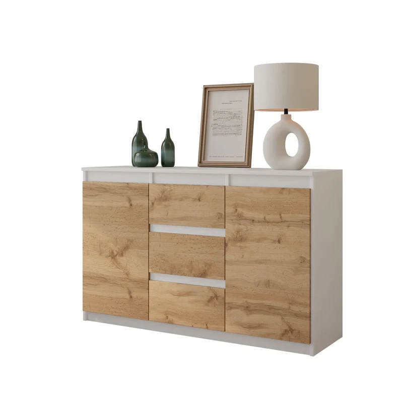 MIKEL - Cassettiera a 3 cassetti e 2 ante - Credenza per camera da letto - Bianco Opaco / Quercia Wotan