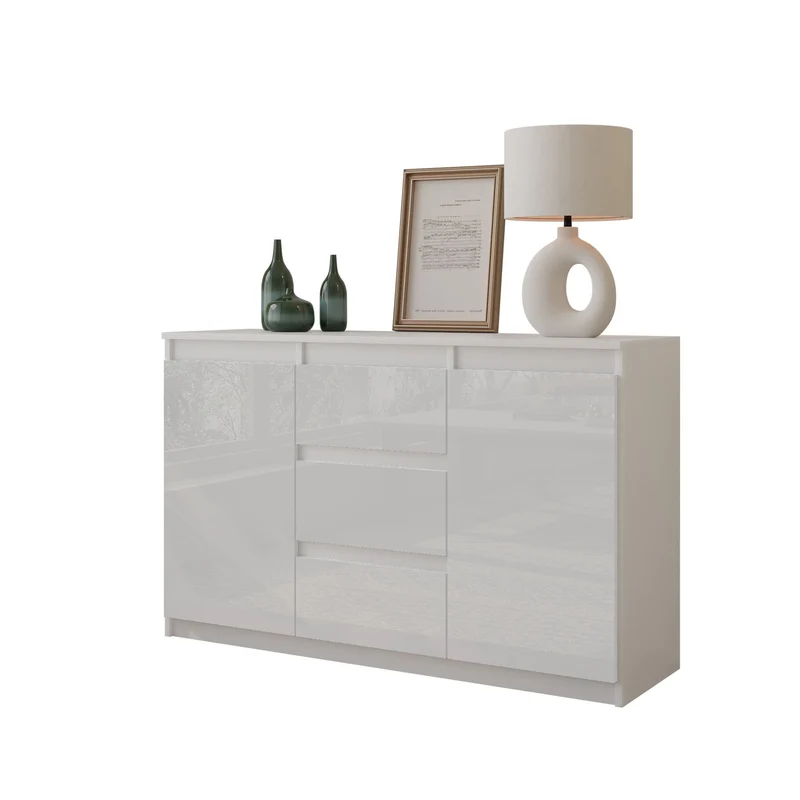 MIKEL - Cassettiera con 3 cassetti e 2 ante - Credenza per camera da letto - Bianco Opaco / Bianco Lucido