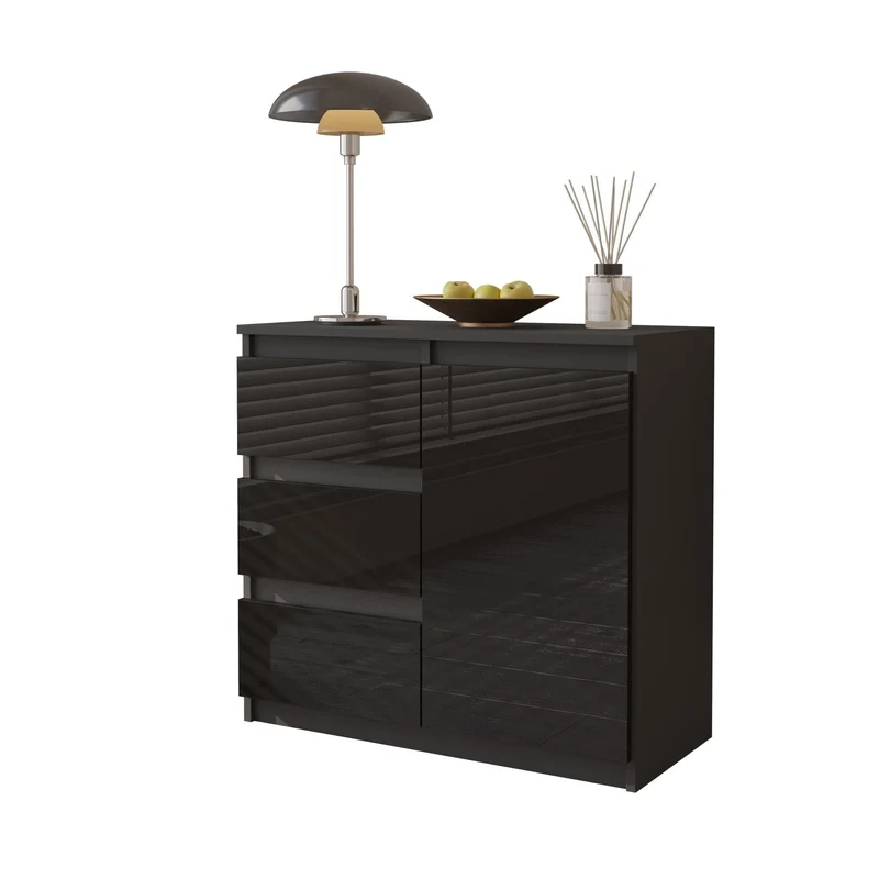 MIKEL - Cassettiera con 3 cassetti e 1 anta - Credenza per camera da letto - Antracite / Nero Lucido