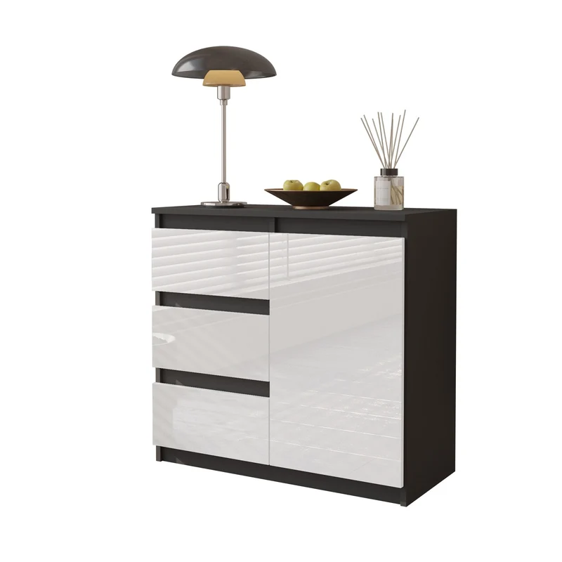 MIKEL - Cassettiera con 3 cassetti e 1 anta - Credenza per camera da letto - Antracite / Bianco Lucido