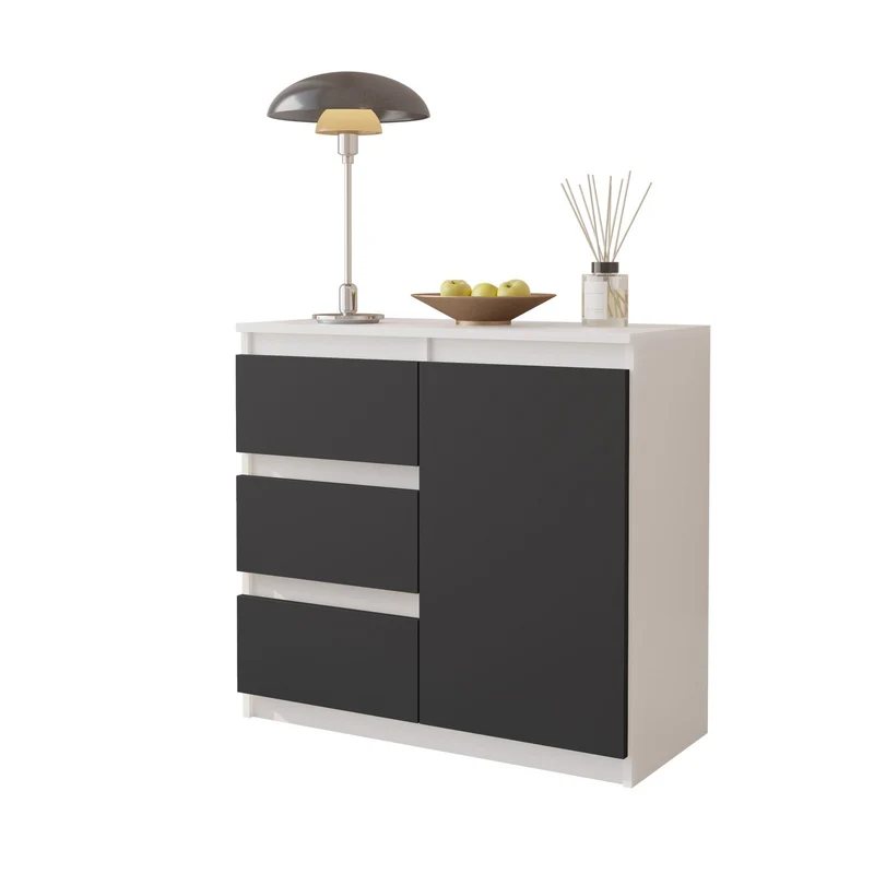 MIKEL - Cassettiera con 3 cassetti e 1 anta - Credenza per camera da letto - Bianco Opaco / Antracite