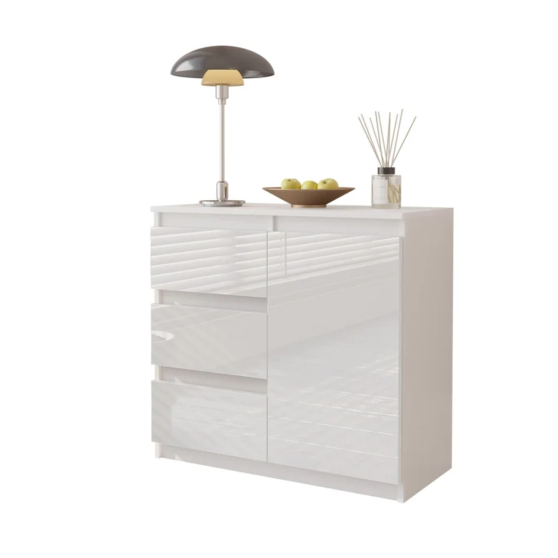 MIKEL - Cassettiera con 3 cassetti e 1 anta - Credenza per camera da letto - Bianco Opaco / Bianco Lucido