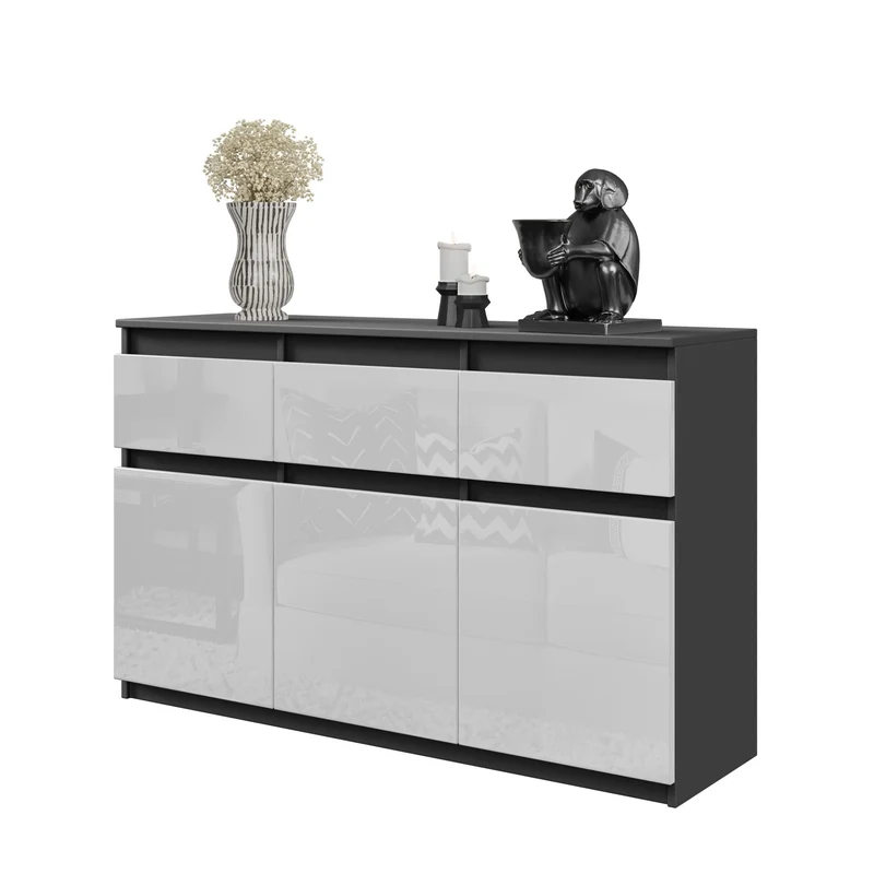 NOAH - Cassettiera a 3 cassetti e 3 ante - Credenza per camera da letto - Antracite / Bianco Lucido
