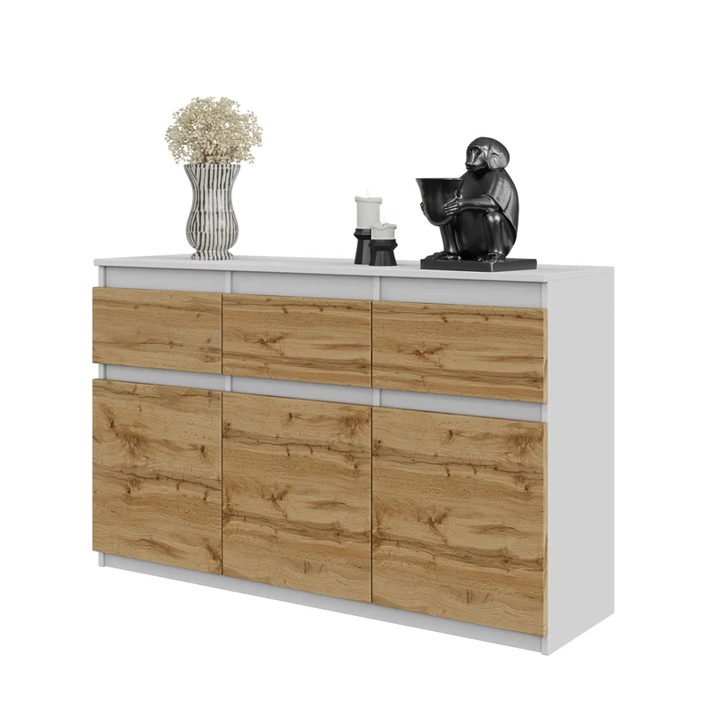 NOAH - Cassettiera a 3 cassetti e 3 ante - Credenza per camera da letto - Bianco Opaco / Quercia di Wotan