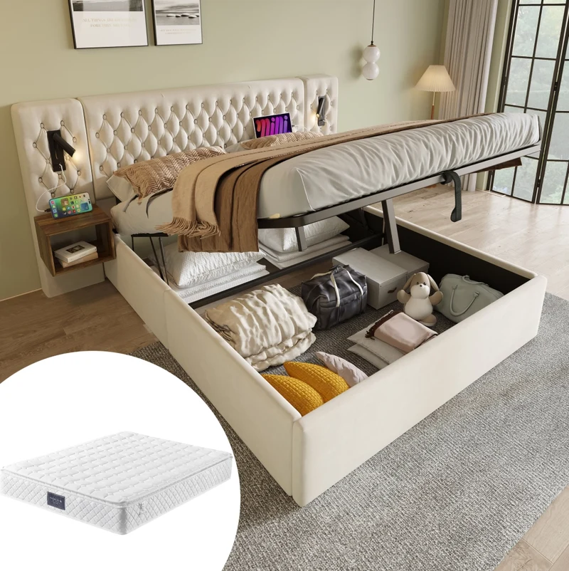 Letto matrimoniale 160x200 cm in velluto beige con contenitore; luci lettura e USB