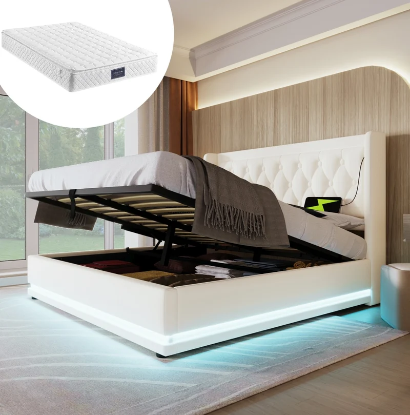 Letto matrimoniale 160x200 cm in PU bianco con contenitore; USB Type-C e LED a 3 lati