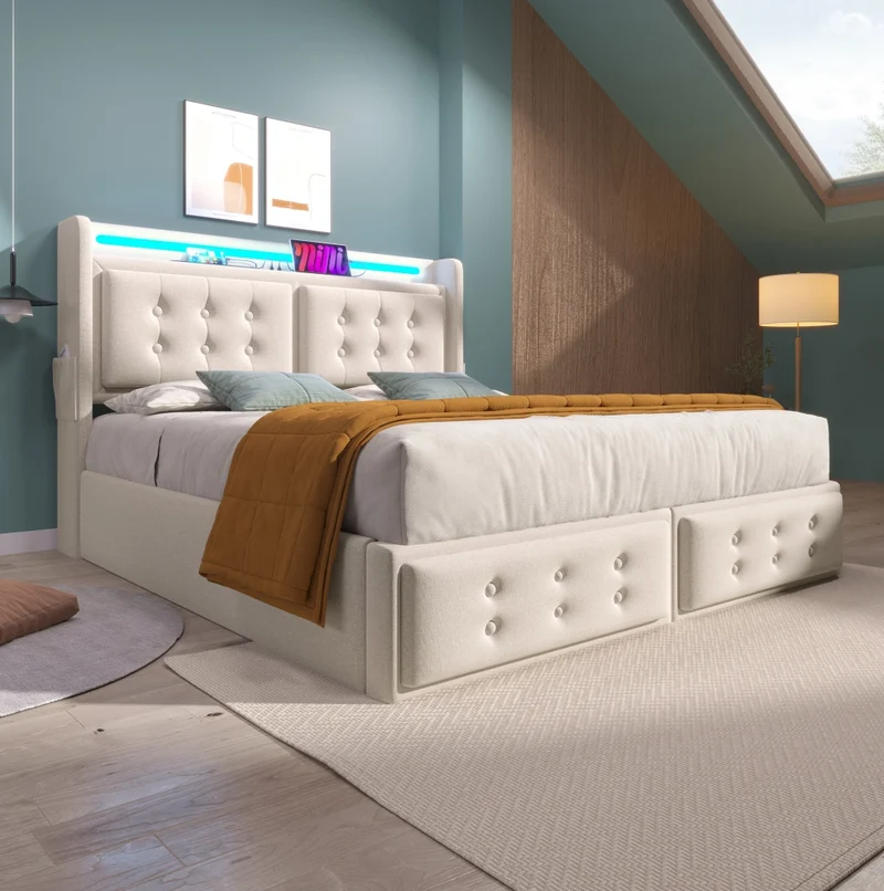 Letto matrimoniale 160x200 cm con LED; presa USB e materasso; beige in tessuto cotone-lino
