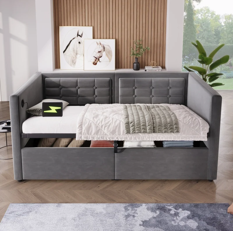 Divano letto singolo 90x190 cm in velluto grigio con contenitore idraulico e USB Type-C