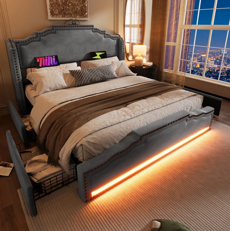 Letto matrimoniale 160x200 cm in velluto grigio con LED; USB e Type-C; 4 cassetti e materasso