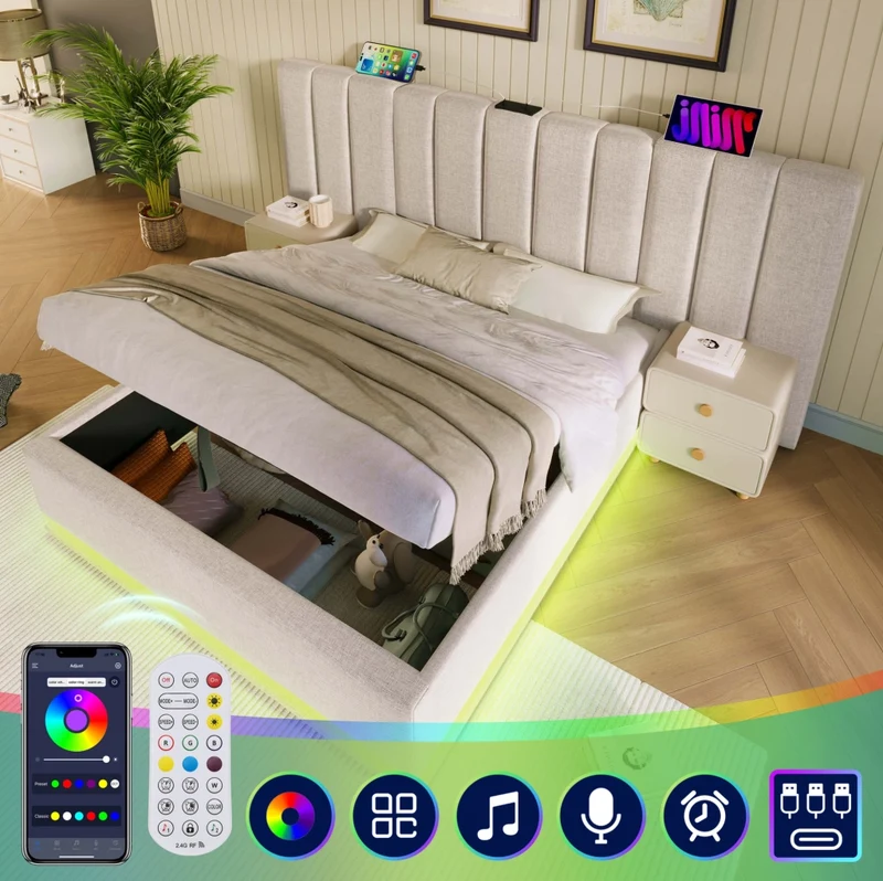 Letto matrimoniale imbottito 160x200 cm con contenitore; LED 360°; porte USB e Type-C; beige
