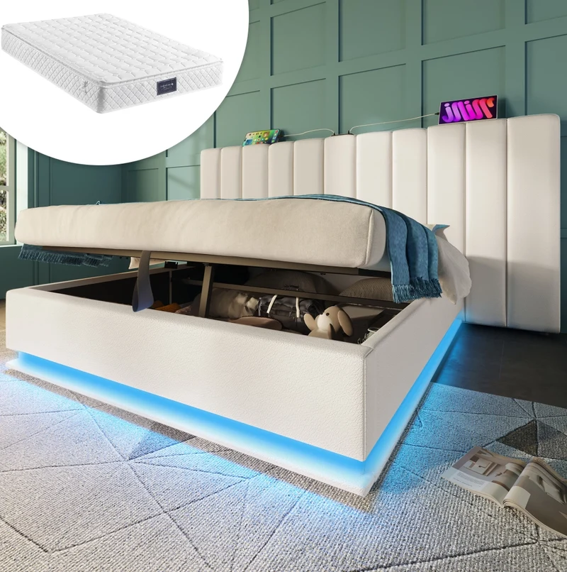 Letto matrimoniale 160x200 cm imbottito con LED e prese USB; contenitore; bianco