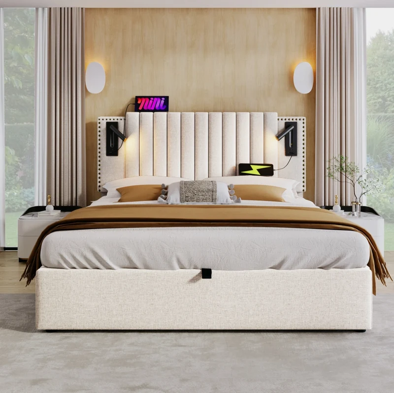 Letto matrimoniale 160x200 cm con contenitore; luce da lettura e USB; beige in cotone