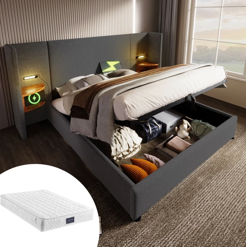 Letto matrimoniale 160x200 cm in lino grigio con contenitore; lampada lettura e USB/Type-C