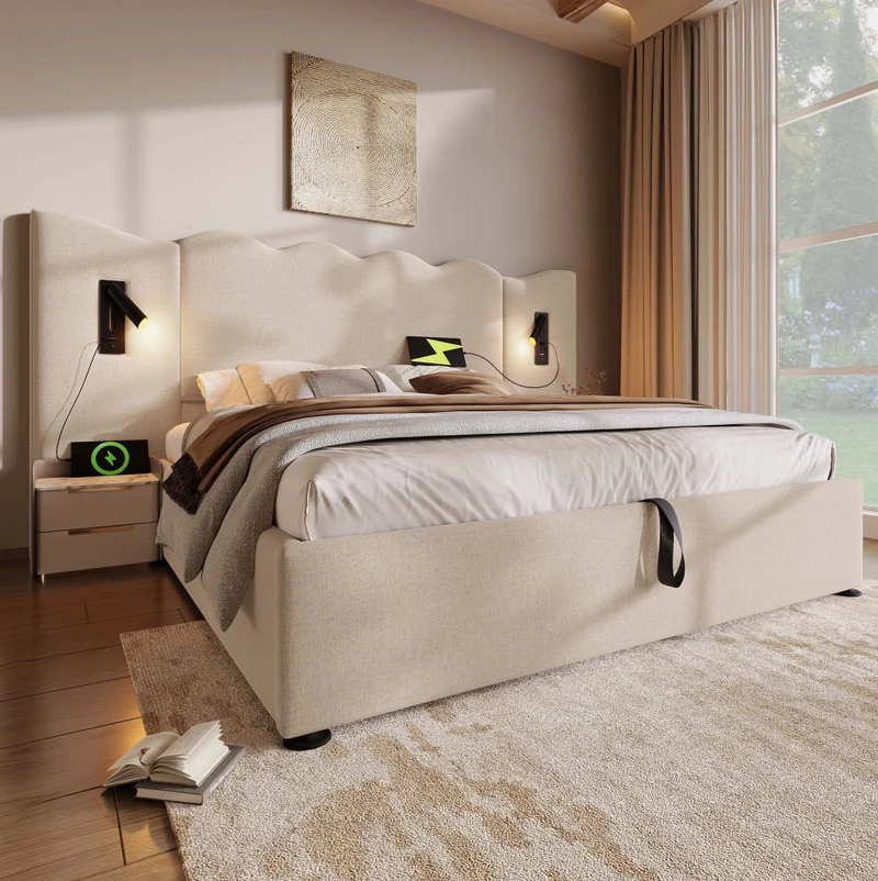 Letto matrimoniale 160x200 cm con materasso; lampada da lettura; USB e contenitore; beige in lino