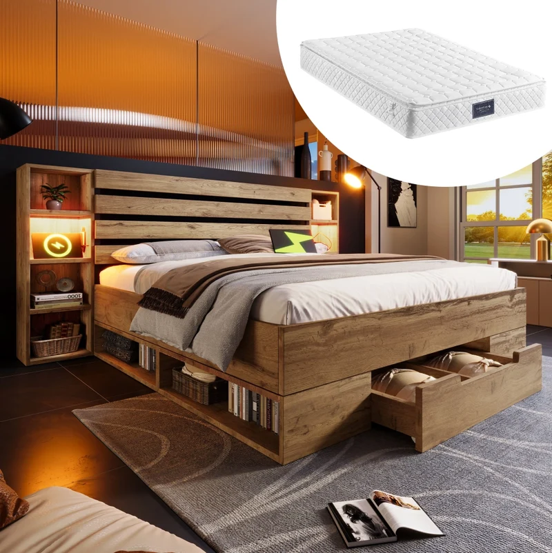 Letto matrimoniale 160x200 cm in legno e metallo; con LED; prese USB e Type-C; finitura rovere