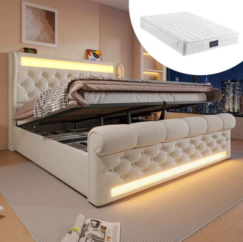 Letto matrimoniale 160x200 cm in velluto beige con LED; contenitore; USB e Type C; materasso incluso